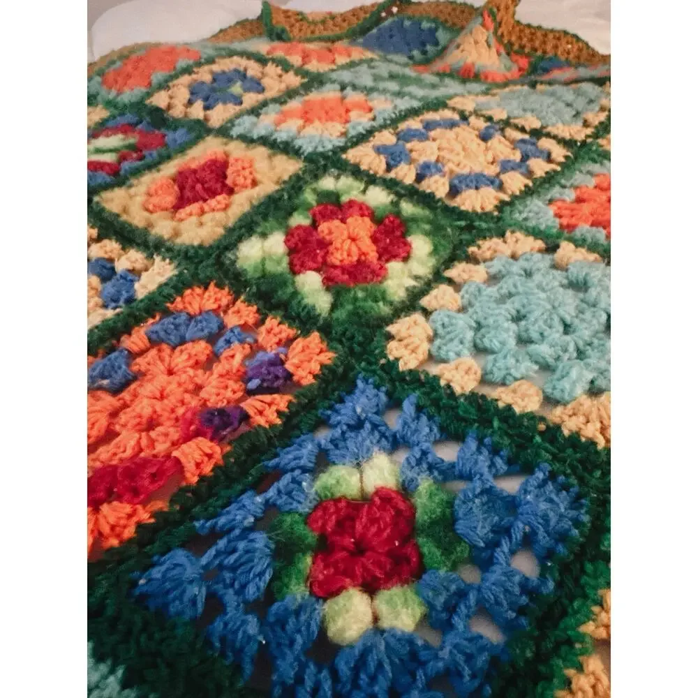 Vintage Handmade Granny Square Crochet Blanket | Wool Blend Lap Throw |